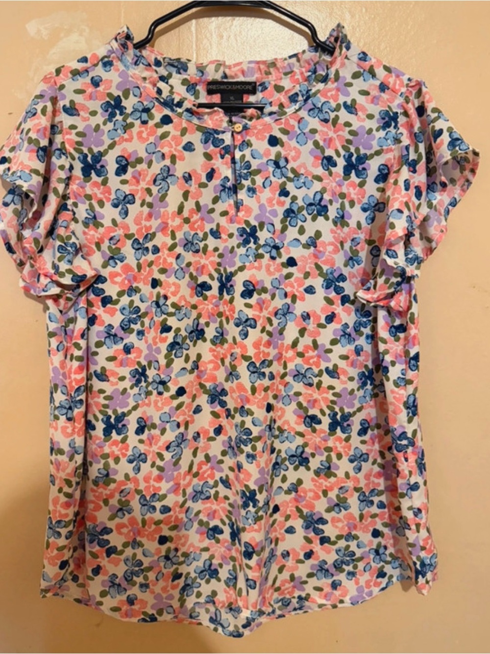 Worthington Multicolor Floral Short Sleeve Blouse - Pink, Blue, Green